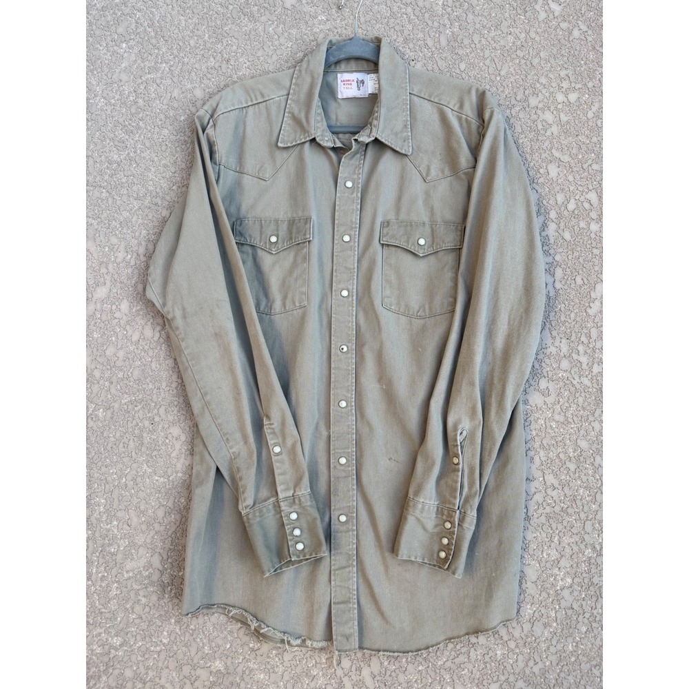 Vintage Saddle King Western Shirt Pearl Snap Buttons Khaki USA Men's Tall Large
